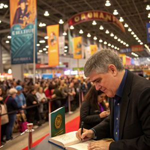 Renowned author Rick Riordan signing books. A bustling book fair with numerous attendees and vibrant banners in the background.