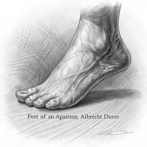 A black and white pencil drawing of a human foot. Signed 'Feet of an apastron, Albrecht Dürer'. The background is abstracted with faint lines.