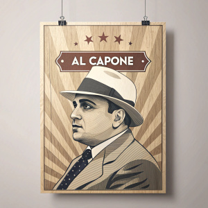 Vintage-inspired Al Capone poster. Modern graphic design with old-school charm. Features wood texture, brand name, and pegs. Retro and contemporary elements blend seamlessly.