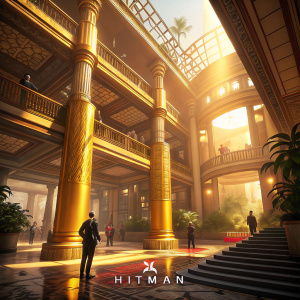 Virtual reality scene from Hitman III. Futuristic lobby with golden pillars, multi-level design, and warm sunlight filtering through. Hitman logo visible.
