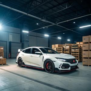 A sleek white Honda Civic Type R FK8 Modulo edition car in a warehouse setting. Surrounded by cardboard packaging boxes, bright studio lights