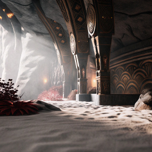 An intricate 3D scene from the game Godfall, showcasing a luxurious cave adorned with lavish gold detailing and complex designs. The lighting is soft and ambient, casting dynamic shadows. The environment features a sandy ground and vivid red flora. Developed by Counterplay Games.