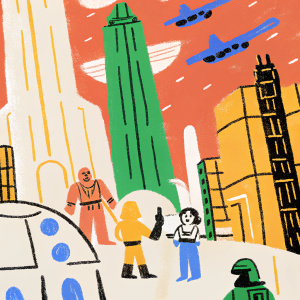 Illustration of Star Wars Rebels characters in a bustling spaceport. Futuristic cityscape with towering skyscrapers and flying vehicles.