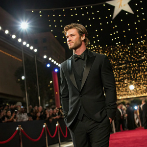 Chris Hemsworth in a sleek black tuxedo at a Hollywood gala. Glittering lights and star-studded audience in the background.