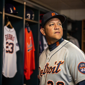 Miguel Cabrera, Detroit Tigers player, stands in locker room. Close-up shot with jerseys and sports equipment visible in background.