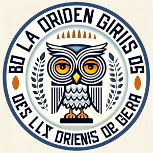 A logo for a club. A complete owl standing on a greek column, with serious draw, wearing glasses, brilliany brown eyes similar to oragen. the background with greek elements around like columns and designs, the name "La Orden del Búho Gris" around the logo