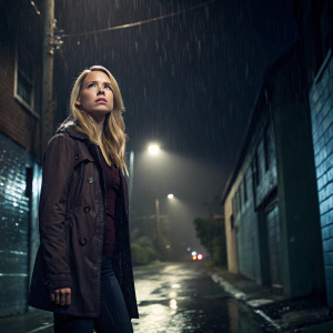 Kristen Hager, as Nora Sergeant, in an intense scene from Being Human. Dark alley backdrop, rainy night