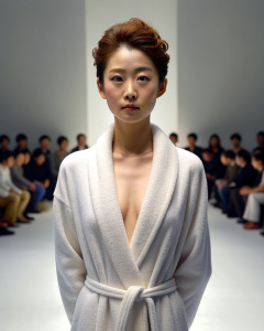 1girl, 20-year-old Korean actress, bun hairstyle, wearing a white bathrobe fully open, blank art show, collarbone, looking at the audience, ((turbulent)), ((perfect body proportions)), (simple white background: 1.2), (panorama: 1.3), beautiful and mature, wide-angle lens, grin, deep shadows, Emily Soto, <lora:DetailedEyes_xl_V2:1>, <lora:neg4all_bdsqlsz_xl_V7:1>, (super delicate oval face)), ((long Beautiful eyes with eyelashes, ((real quality)), ((Leica RAW photo)), 24k, ((fidelity: 1.2)), ((re