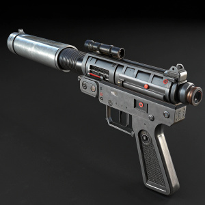 Digital 3D model of F-11D blaster rifle from Star Wars: The Force Awakens. Gray and black with sleek, futuristic design.