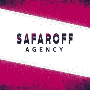 Modern logo for Safaroff Agency. Minimalist design featuring sans-serif font. Brand name 'Safaroff Agency' in bold dark letters. Clean, professional aesthetic. Limited color palette with shades of black and white.