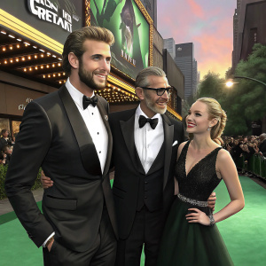 Liam Hemsworth, Jeff Goldblum, and Maika Monroe, dressed in formal attire, standing together on a vibrant green carpet outside a movie premiere.