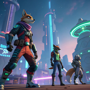Illustration of Starlink: Battle for Atlas characters in a vibrant, futuristic setting. Detailed designs and unique accessories. Characters stand in a dynamic pose, showcasing their unique styles.