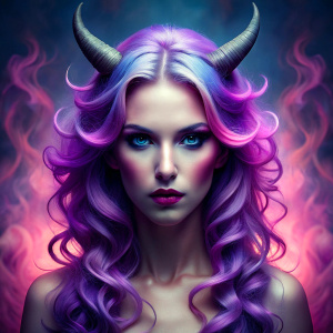 Succubus with gradient hair in purple, lilac, pink colors, with mysterious face