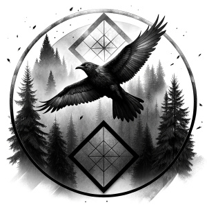 vegvisir runes geometric symbol - raven and trees - tattoo design - perfect realistic art - high-definition - grey and black - white background 