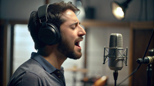  A man wearing headphone while singing in front of microphone against music studio background