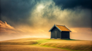 a Swedish wooden hut in a lonely landscape , very minimalistic, black background, foggy and stormy weather , style minimalistic , realistic style , wide angel photography