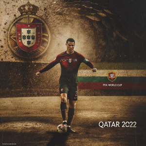 Digital illustration of Cristiano Ronaldo, Portuguese national team captain, wearing Portugal jersey. Set against vibrant green soccer field backdrop. Surrounded by Portugal flag elements and official FIFA World Cup Qatar 2022 logo.