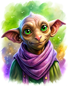 a happy Dobby in a purple scarf, full-length.












