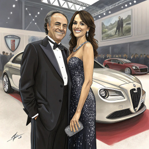 Giulio Violati and Maria Grazia Cucinotta at the Milan Auto Show. Both smiling, Giulio in a tailored black suit, Maria in a stunning sequined evening gown. Lancia car showcased behind them.