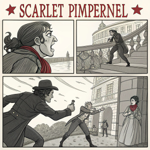 A series of black and white comic panels depicting a thrilling Scarlet Pimpernel scene. Detailed artwork featuring dynamic action, speech bubbles, and expressive characters with exaggerated features. The sequence shows multiple characters in various poses and positions, capturing intense interactions and movements. Classic comic book style.