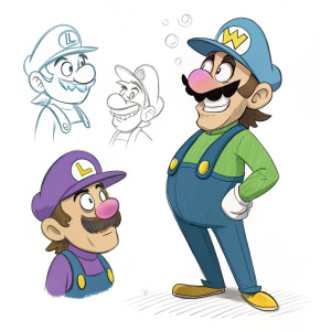 Cartoon rendition of Wario and Waluigi from Super Mario. Wario in blue cap and Waluigi in green outfit. Various sketches of facial expressions and accessories. Concept art for Super Mario Redesign.