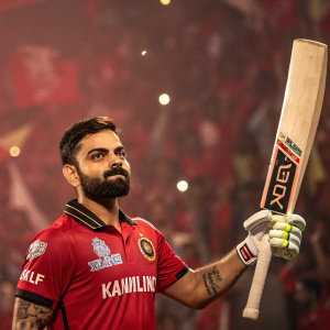 Cricket player Virat Kohli, wearing a red team jersey with sponsor logos, poses with a cricket bat. Crowd cheering in the background at a stadium.