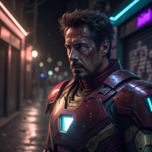Tony Stark's armored faceplate, worn and weathered, with a determined expression. Dark urban alleyway background, neon lights casting shadows. The Marvel logo subtly visible on chest plate.