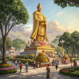 A majestic golden statue of General Kuan Ti standing tall in a bustling Bangkok park. Festooned with offerings and flowers from devotees.