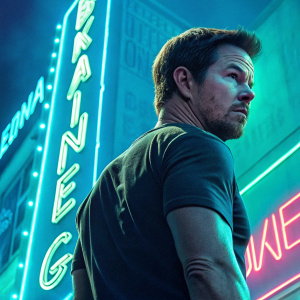 Movie poster for Contraband featuring Mark Wahlberg against a vivid neon backdrop. Shades of blue and green dominate the color scheme. Focus on the main actors.