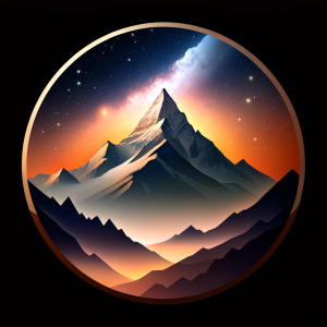 an image of a circular logo with a minimalist classic style, The logo should be easily recognizable. The circular midsection is mountain Yushan Main Peak describe by a mountain silhouette, The circular top should depict a dark night sky filled with stars, shrouded in darkness, the circular bottom in cloud mist,  The viewing perspective is directed from a nearby highland