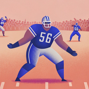 Dat Nguyen, in Dallas Cowboys jersey number 56, in intense defensive stance at an outdoor stadium. Crowd and players blurred in background, live NFL game