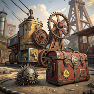 Concept art for Borderlands 3, featuring a detailed steampunk aesthetic. Illustration includes a large, rusty mechanical contraption, a small spiky object, a bag with a matching design, and a close-up of intricately designed mechanical components.