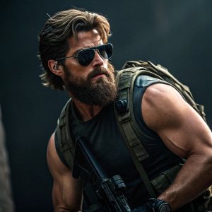 Tom Cruise in intense action pose, rugged look with big beard and sunglasses. Dark, moody background, highlighting his strong physique and outfit.