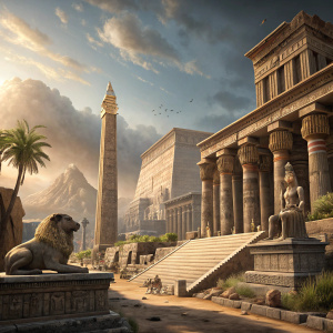 Highly detailed digital artwork showcasing an ancient Greek city from Assassin's Creed Origins. The illustration highlights towering temples adorned with intricate carvings and majestic columns. A striking stone lion statue and various statues populate the scene. Dramatic sky with swirling clouds adding a cinematic touch to the historically accurate depiction.
