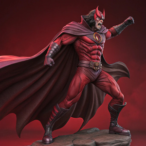 A detailed digital rendering of Mephisto, inspired by Marvel Comics. Muscular build, fierce expression, and flowing cape. Aggressive pose against deep red background.
