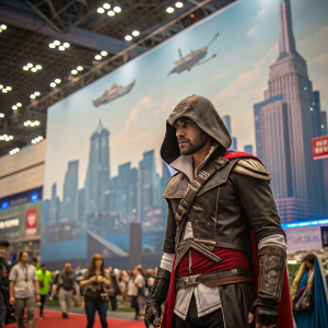 Ezio Auditore cosplay at a vibrant comic-con. The backdrop features futuristic city skyline with flying cars.