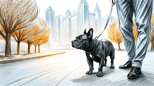 black  french bulldog walking with his owner o the streets of the moscow at sunny day  pen sketch