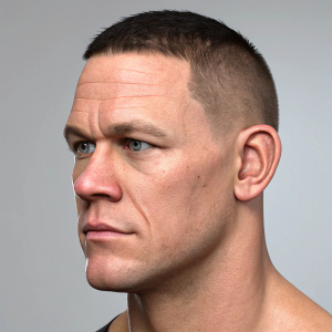 Realistic 3D render of John Cena's headshot. He sports a closely cropped haircut. Detailed facial features including prominent jawline and skin texture. Neutral gray backdrop.