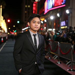 Rynan 'Kid Rainen' Paguio, Filipino actor, posing at the premiere event. Black suit and tie. Crowded street backdrop