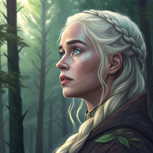 Digital illustration of Daenerys Targaryen's face, set against a backdrop of dense forest. Eyes glowing, detailed texture, vibrant colors