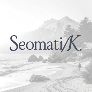 The 'Seomati/K' logo showcases sleek, sans-serif text. Grayscale palette emphasizes modern simplicity. Subtle, light background highlights clean, minimal design.