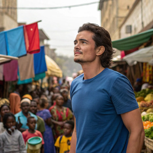 Orlando Bloom at a bustling marketplace, wearing a blue t-shirt. Surrounded by diverse crowd holding various items.