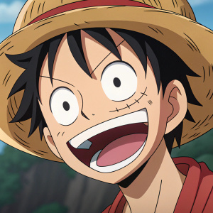 Luffy from One Piece, intense close-up. Eyes wide, mouth open in a wide grin, energetic and playful expression.