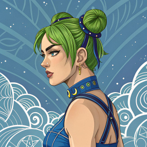 Jolyne Cujoh, from JoJo's Bizarre Adventure: Stone Ocean, vibrant green hair in a high bun, striking blue outfit, standing confidently. Fantasy-themed digital artwork, set against an intricate, swirling, blue and white background.
