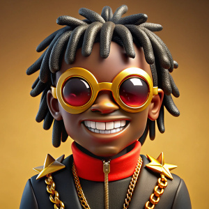 celebrity rapper Kodak Black, all black, sniper eyewear, eyes red, all gold teeth, gold chains, triangular spiked dreads