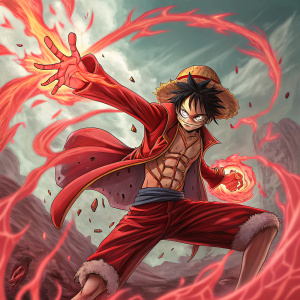 Monkey D. Luffy, protagonist from One Piece, depicted in a dynamic pose. His limbs are surrounded by an intense red aura. The background is abstract.