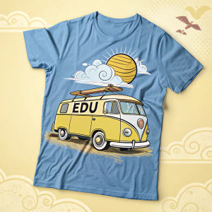 A cartoon-style blue t-shirt featuring a yellow VW bus labeled 'EdU Away' under a sunny sky.