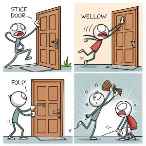 Cartoon storyboard featuring a stick figure character interacting with a door across multiple panels. Each panel shows the character attempting to open the door in various comical positions.
