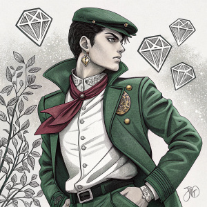 Detailed black and white illustration of Josuke Higashikata. Confident pose, distinctive outfit, and accessories. Surrounded by diamond-shaped shapes. Highly detailed with crisp lines and shading