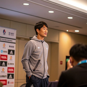 Park Chu-Young, Korean soccer player, at an indoor press conference. Dressed in casual sportswear. The background is blurred and includes various sponsor logos.